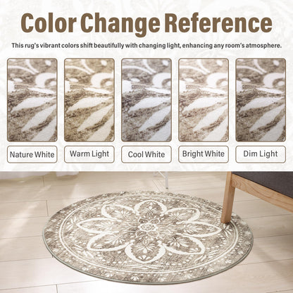 Carvapet Round Rugs Vintage Circle Rug - Washable Non Slip Rubber Backing Foldable Low Pile for Living Room Bedroom, 4 ft Brown Rug