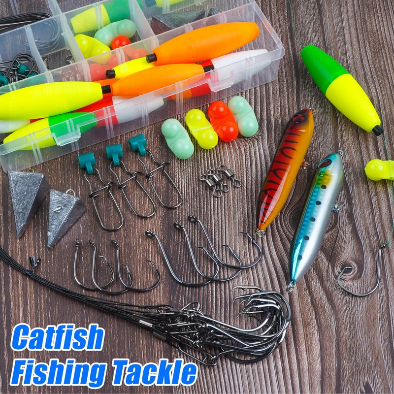 SILANON Catfish Rig Catfishing Tackle Making Kit, 86pcs Catfish Tackle Kit Santee Rig with Catfish Floats Peg Floats Rattle Beads Catfish Hooks Swivels Pyramid Weights Catfishing Gear Equipment