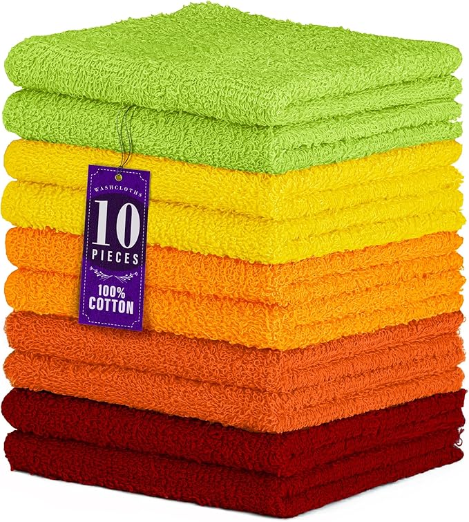 DecorRack 10 Pack 100% Cotton Wash Cloth, Luxurious Soft, 12 x 12 inch Ultra