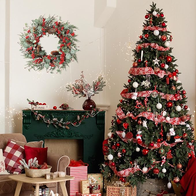 YNYLCHMX 22 Inch Winter Wreath for Front Door, Winter Wreath with Eucalyptus Leaves Red Berry Pine Cones Pine Needle, Artificial Door Wreaths for Indoor Farmhouse Holiday Decoration