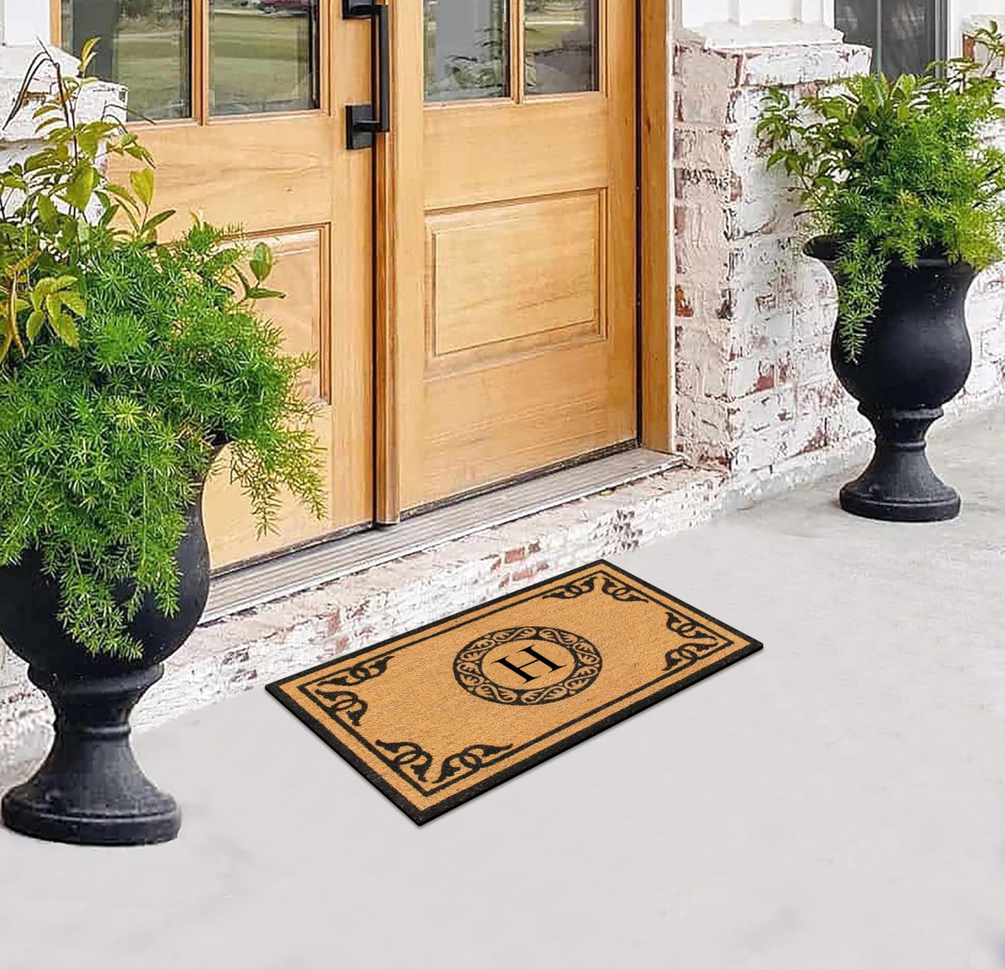 A1HC Natural Coir Monogrammed Doormat for Outside Entrance, Anti-Shed Treated Mats, Heavy Duty Durable EntryMat, Easy to Clean Front Door Mat - H, 24" X 39"