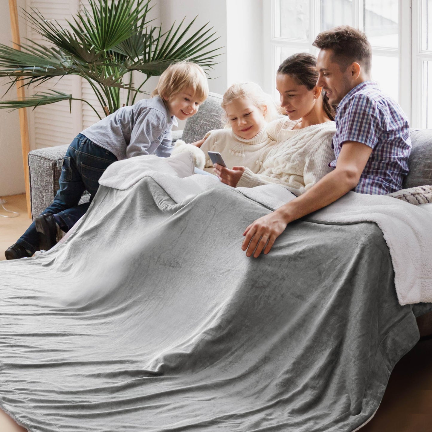 Bedsure GentleSoft Sherpa Fleece Blankets Queen Size for Bed - Thick and Warm, Soft Fuzzy Plush Queen Blanket for Winter, Grey, 90x90 Inches