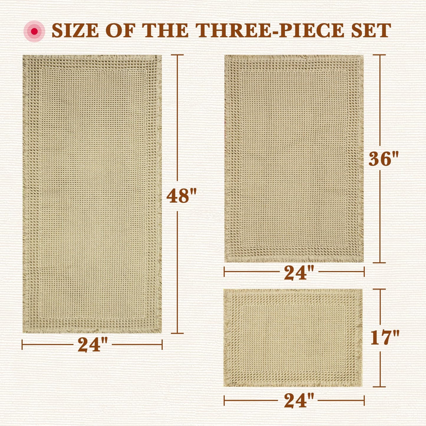 Waffle Bath Mat, Modern Woven Absorbent Non Slip Bathroom Rugs, Machine Washable Bath Rugs, Quick-Drying Bathroom Mats, Boho Tassel Style Suitable For Bathroom Floor, Brown, 24"X17"+36"X24"+48"X24"