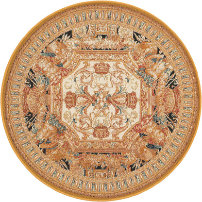 Rugs.com - Outdoor Traditional Rug – 3 Ft Round Black Gold Brown Indoor/Outdoor Rug – Weather-Resistant Flatweave for Patio, Deck, and Porch