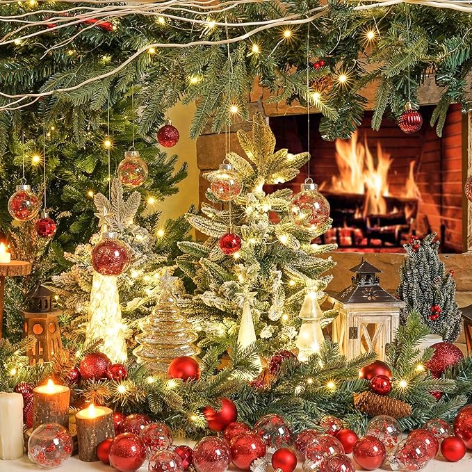 XmasExp 32ct Christmas Ball Ornaments Set -Red Clear Plastic Shatterproof Xmas Tree Ball Decorations Hanging Baubles for Holiday Decor