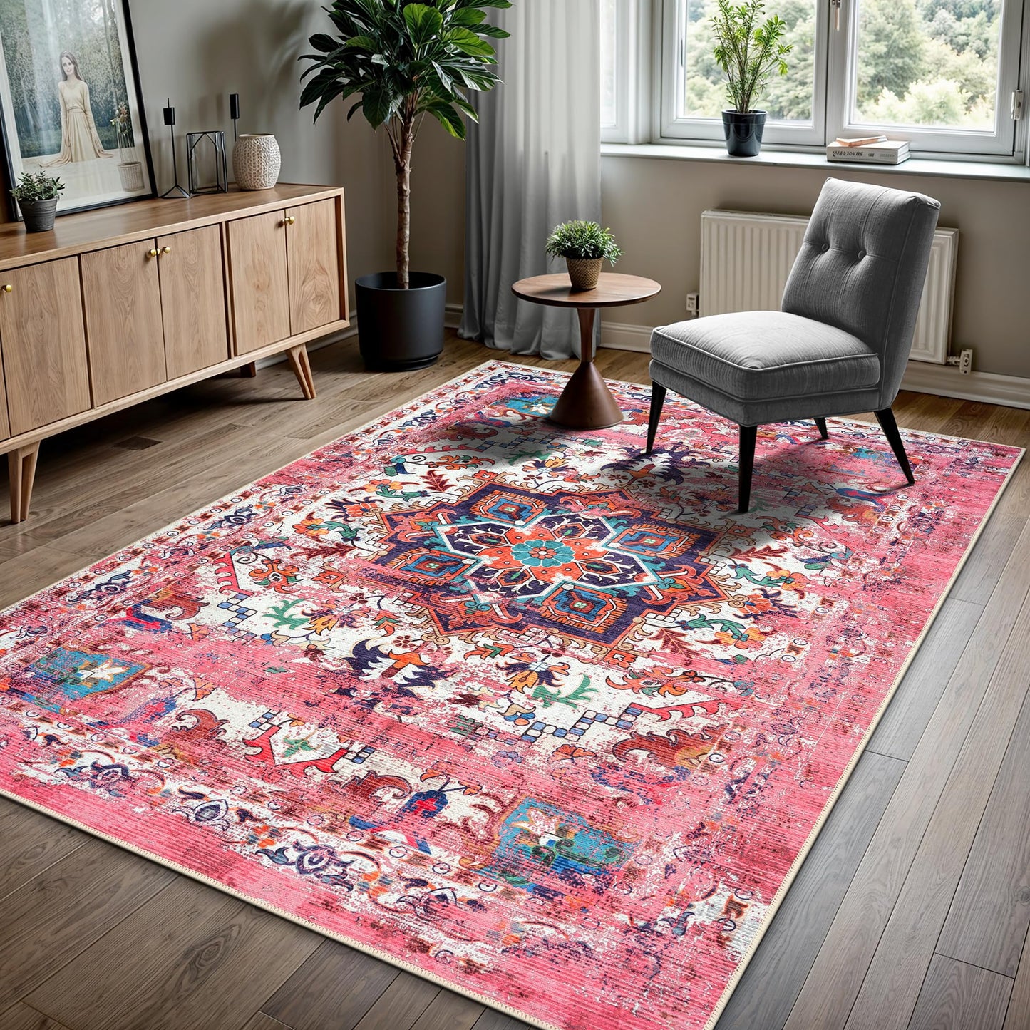 GLN Rugs Bohemian - Serik - Machine Washable Area Rug, Boho Washable, Non Slip, Low Pile Chenille Area Rug, Living Room, Bedroom, Kitchen Rug - Easy Clean (6' x 9' Pink/Multicolor)