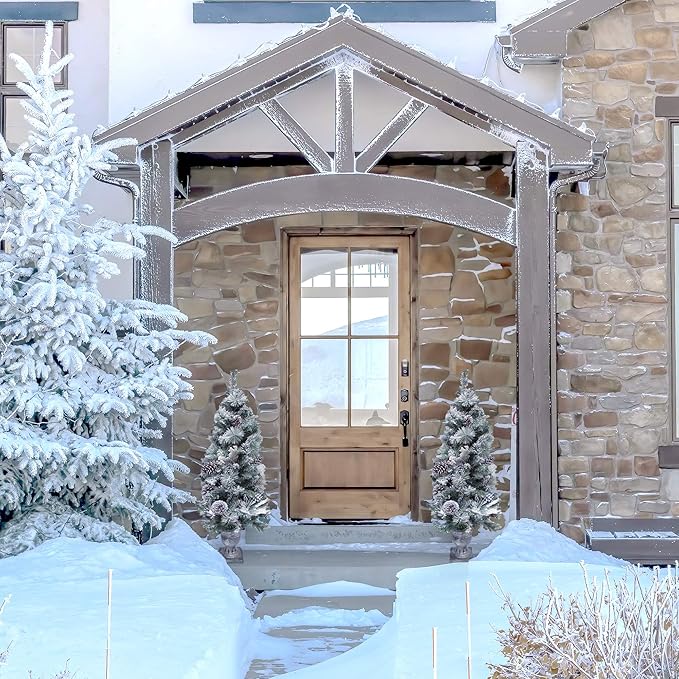 Fraser Hill Farm 4-Ft. Christmas Snow Flocked Porch Tree with Oversized Pinecones in Ornamental Pot, FF048CHPT001-0SN