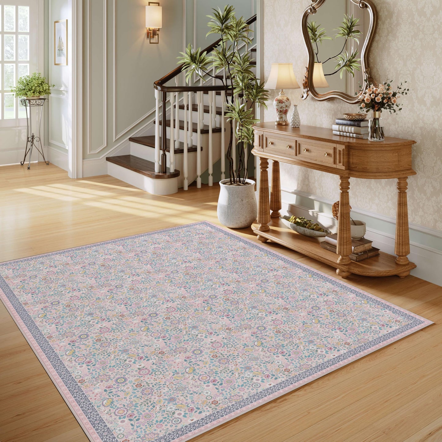 Clemile Floral Area Rug 5x7 - Washable Ultra-Thin Living Room Rug Non-Slip Carpets - Soft & Stain Resistant Rug for Kitchen Bedroom Dining Room Indoor Colorful Pink