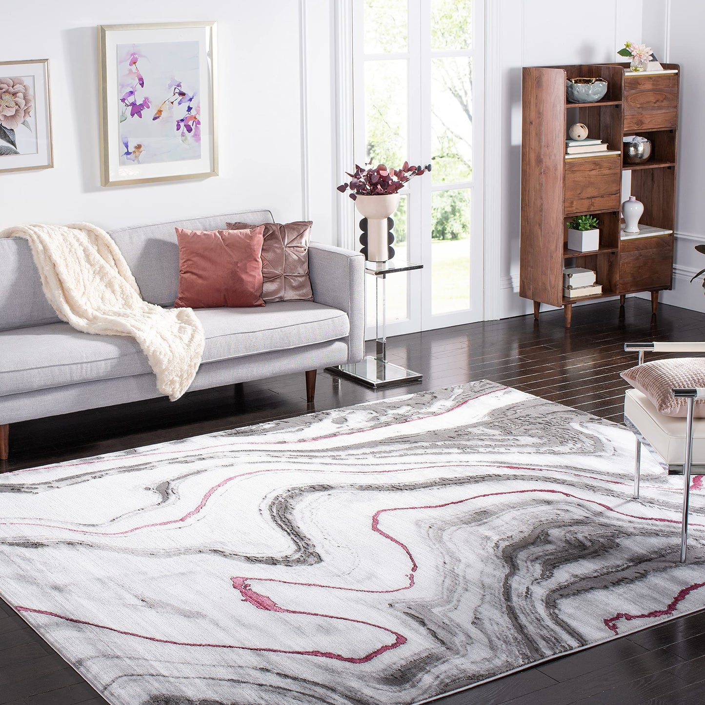 SAFAVIEH Craft Collection Area Rug - 6'7" Square, Grey & Wine, Modern Abstract Marble Pattern Design, Non-Shedding & Easy Care, Ideal for High Traffic Areas in Living Room, Bedroom (CFT819S)