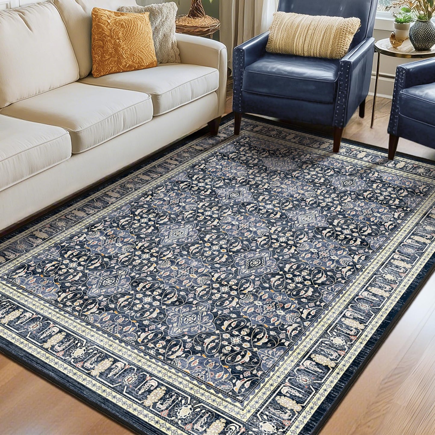 Jainmy Dark Blue Area Rug 6x9, Boho Floral Moroccan Trellis Printed Transitional Style Rugs for Living Room Bedroom, Washable Non Slip Low Pile Thin Carpet Rug for Dining Room Guest Room Home Office