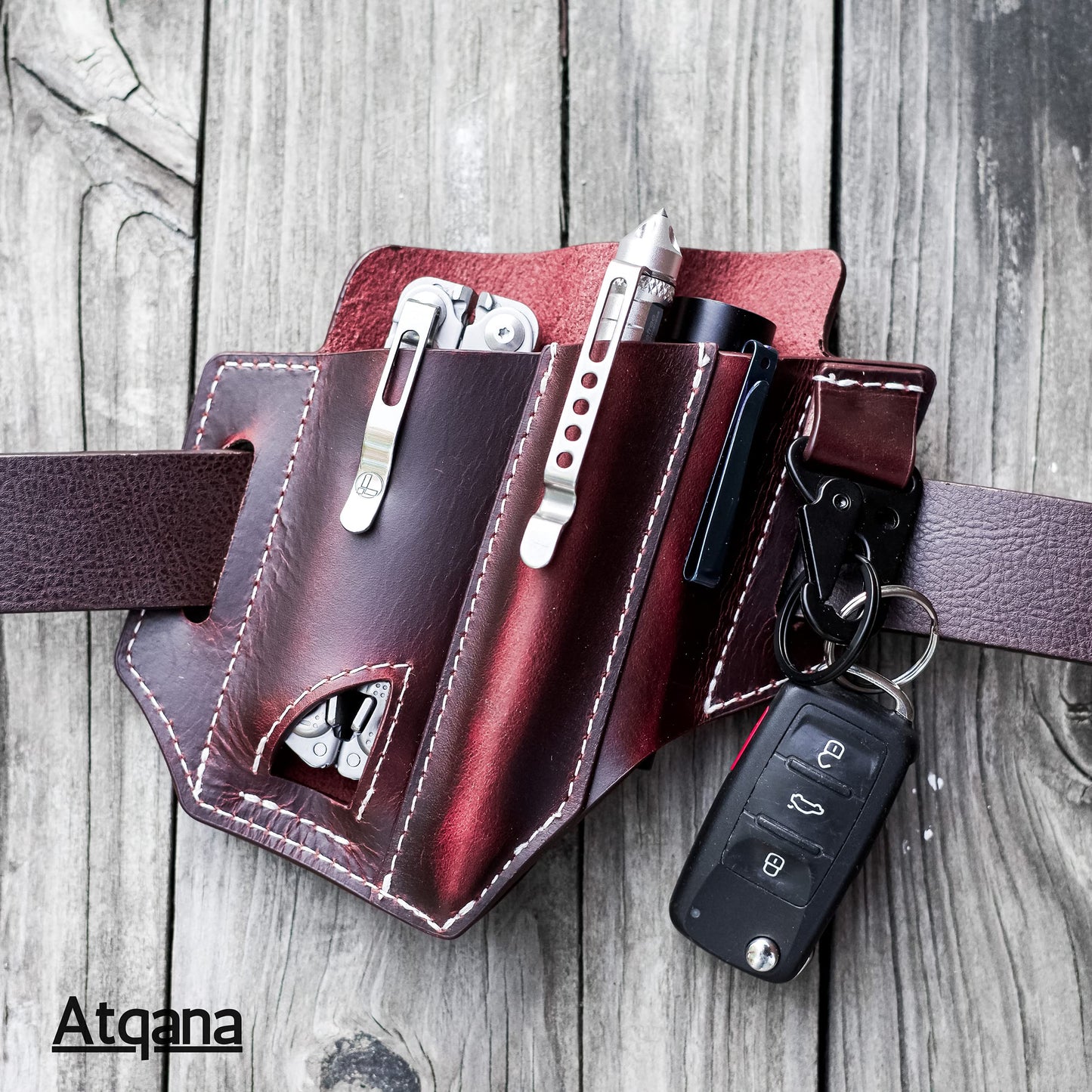 Multitool Sheath for Belt (Premium Leather) - EDC Pocket Organizer | Leatherman Holster | Handmade Leather Multitool Pouch and Pen Holder, Flashlight Sheath, Key Fob Clip by ATQANA® (Extra Dark Brown)