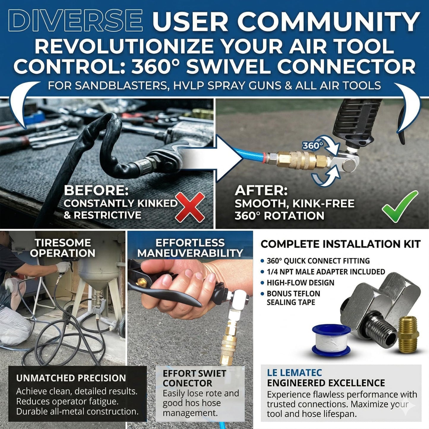 LE LEMATEC Air Compressor Swivel Connector - 360° Quick Connect Hose Fittings Kit with 1/4" NPT Male Adapter & Teflon Tape for Air Tools, Sandblaster & HVLP Spray Gun, Kink-Free Operation