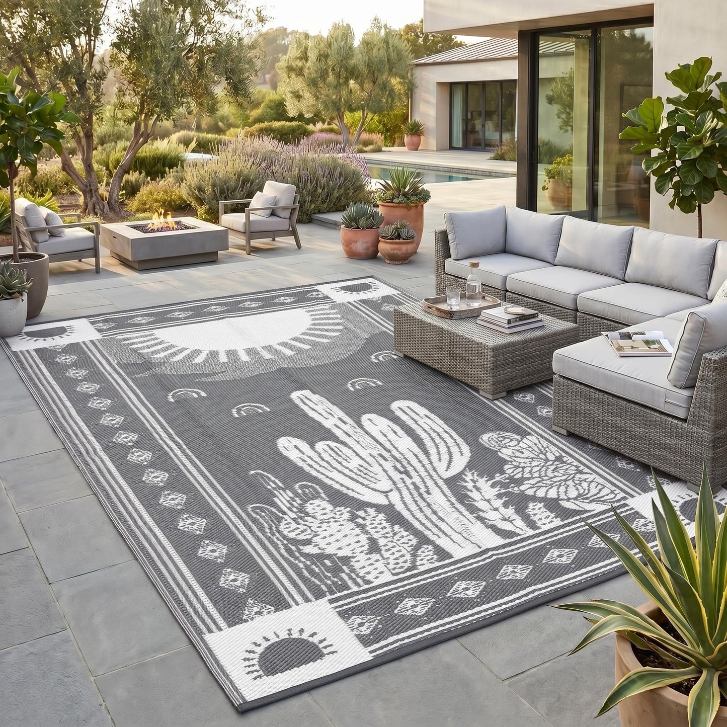 Garvee Reversible Cactus Outdoor Rug 8x10 for Patio, Waterproof Outdoor Area Rug, Modern Desert Botanical Indoor Outdoor Rugs, Plastic Straw Rug for RV, Camping, Deck, Grey