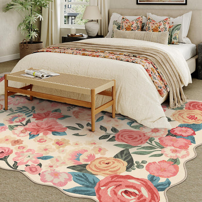 PureCozy Washable Floral Area Rug 6x9 Beige Living Room Large Carpet Bedroom Scalloped Flower Non Slip Soft Throw Rug Farmhouse Low Pile Thin Indoor Floor Cover for Dining Room Office
