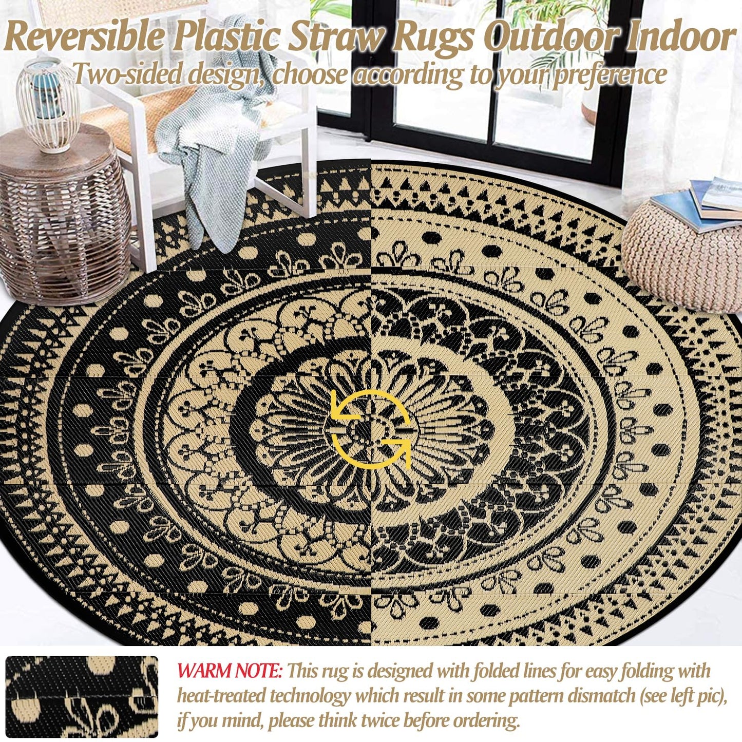 Cekene Round Outdoor Rugs Waterproof 6Ft Reversible Outdoor Patio Rugs Portable RV Camping Mats Lightweight Plastic Straw Rugs Outdoor Area Rug for Patio Picnic Beach BBQ, Black/Camel