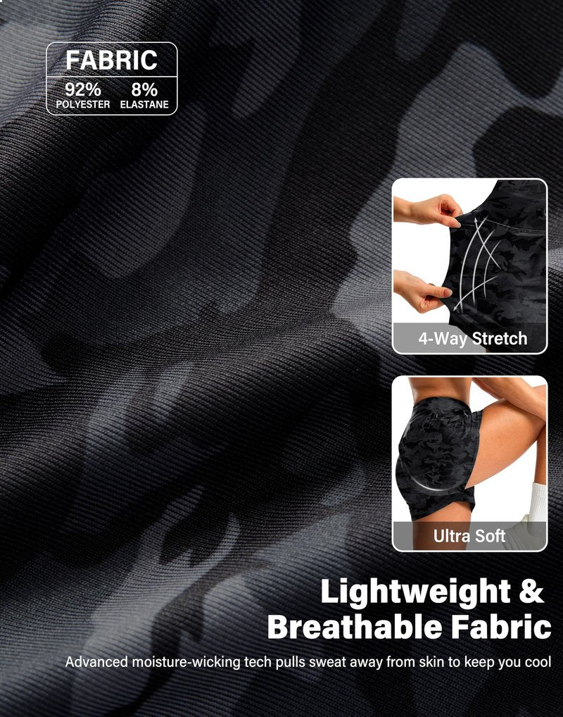 Soothfeel Women's Athletic Running Shorts with Zipper Pockets 3" High Waisted Workout Active Gym Shorts for Women with Liner Black Camo Medium