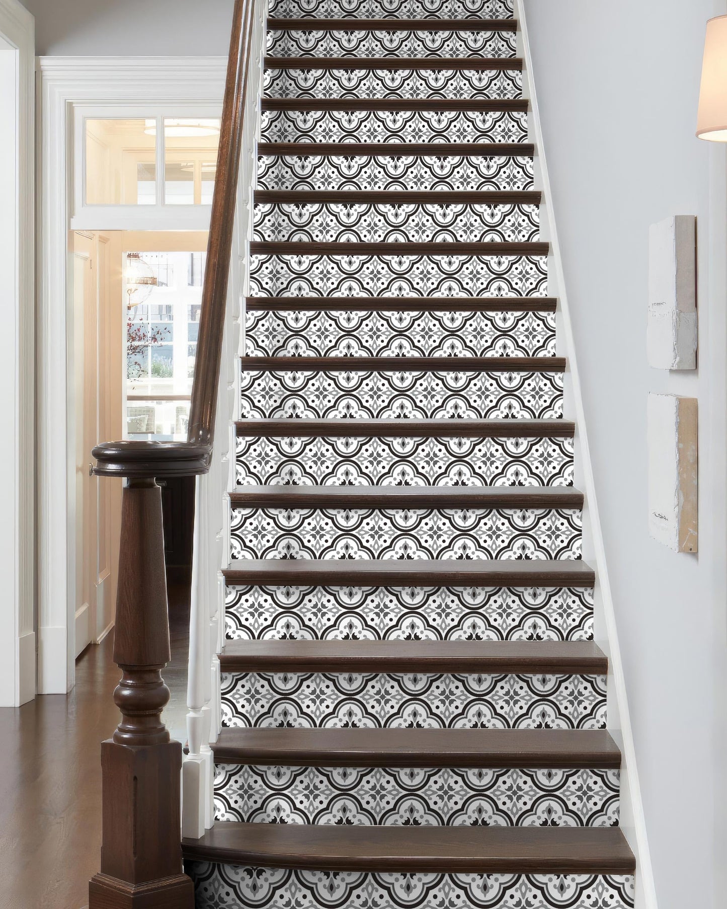 FLFK Black Patterns Stair Stickers - Set of 15, Peel and Stick Stair Riser Decals, 39.3"x7.08"