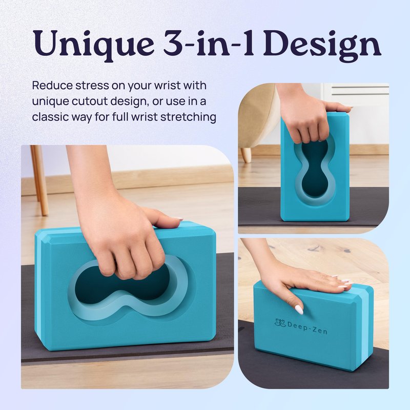 Deep-Zen® Yoga Blocks Wrist Support; Yoga Blocks 2 Pack with Knee Pads and Strap to Put Less Weight on Wrists; Durable, Versatile Yoga Brick Exercise Block Set, Blocks Yoga (Blue)