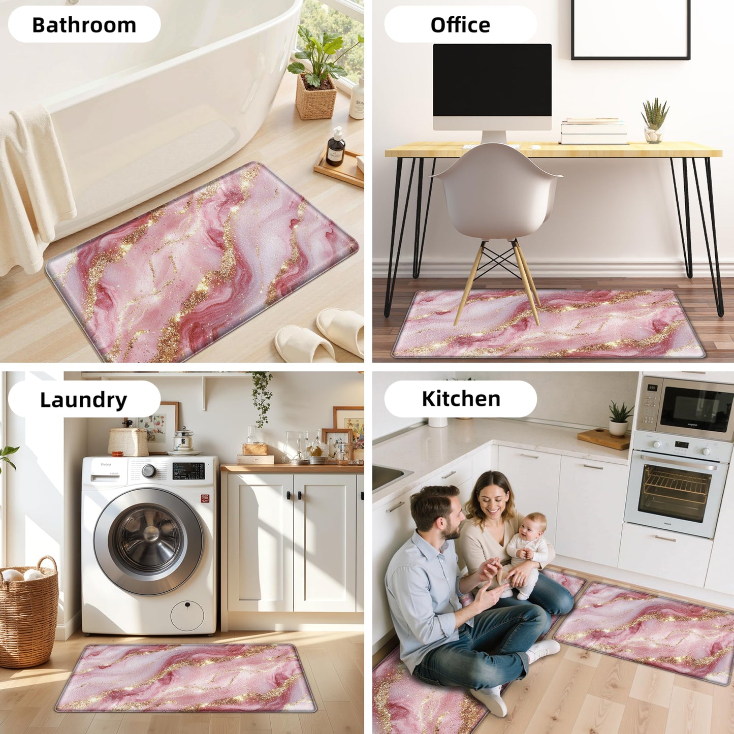 Tyrot Gold Pink Kitchen Mats for Floor 2 Pcs Modern Marble Anti Fatigue Mats for Kitchen Floor Mat PVC Non Slip Waterproof Kitchen Rugs for Kitchen Floor Sink Office Laundry 17.3"X28"+17.3"X47"