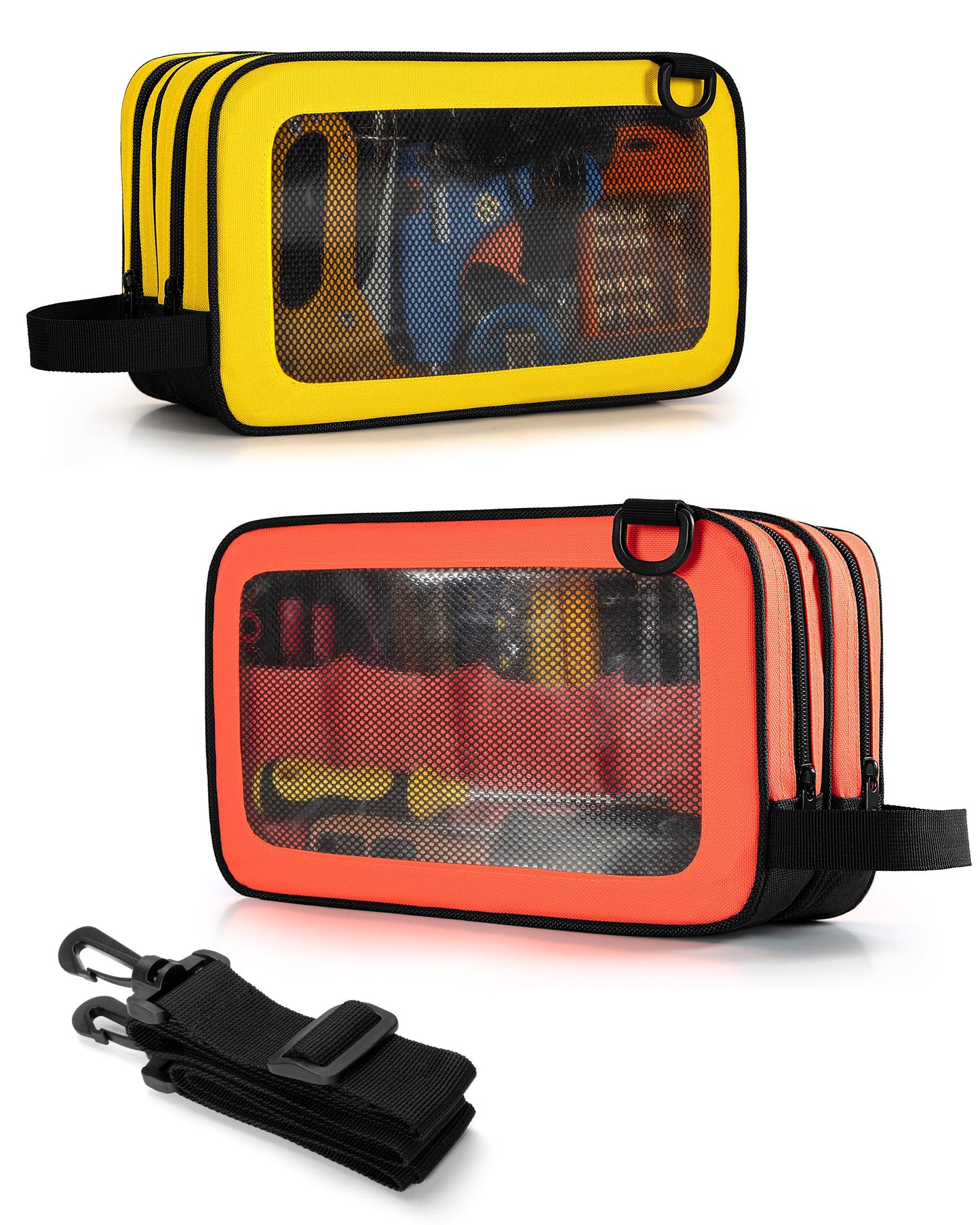 Marscamd 2 Pack Tool Pouch with Dual Compartments, 12” Tool Bag with Detachable Shoulder Strap, Carry Handle and Translucent Window, Orange-red/Yellow