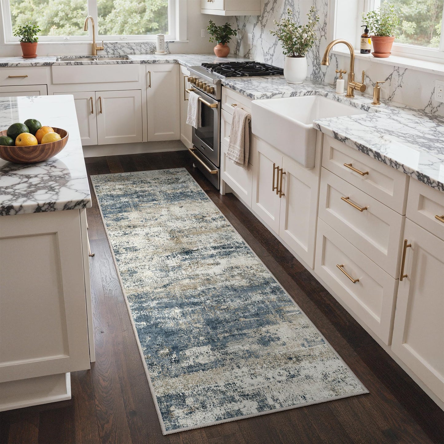 GENIMO Runner Rug Non Slip 2'6"x8', Washable Rug Runner for Hallways Kitchen, Abstract Modern Kitchen Rugs, Low Pile Lightweight Carpet Runners for Entryway, Bedroom, Laundry, Navy Blue