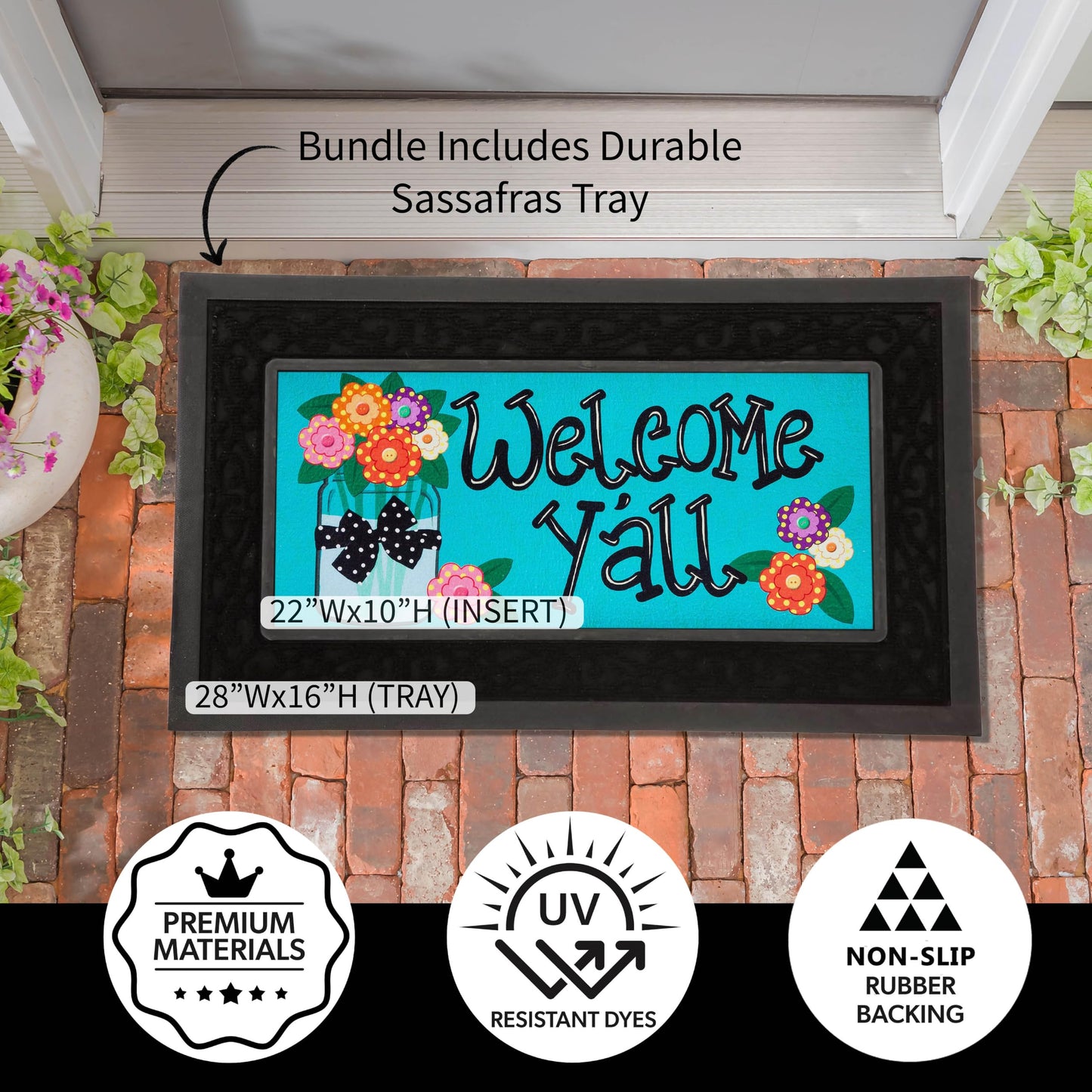 Evergreen Sassafras Doormat Insert Bundle & Tray Set of 5, Spring Summer Fall Winter Interchangeable Entrance Door mats Indoor and Outdoor Welcome Mat 30 x 18 Tray Non Slip Backing Low Profile