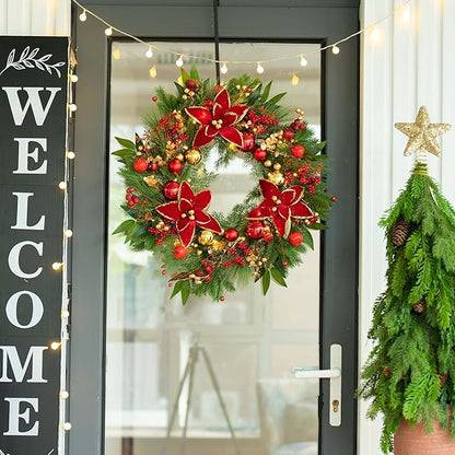 Christmas Wreaths for Front Door- 24 Inch Outdoor Prelit Christmas Door Wreath with Lights, Lighted Xmas Wreath with Poinsettia Flowers,Red Berries,Golden Ball- Home Christmas Decorations