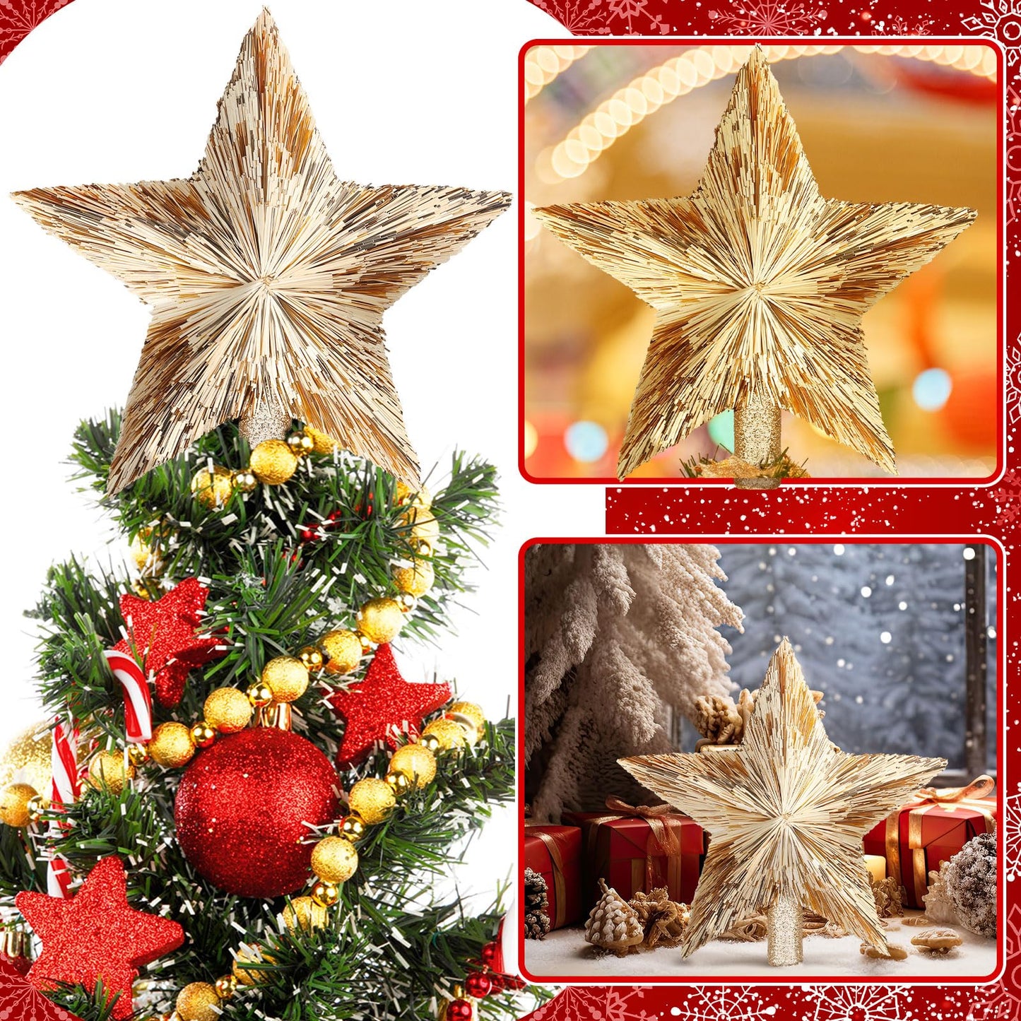 Gejoy 8.6 Inch Christmas Star Tree Topper Champagne Gold Star Tree Topper Glitter Xmas Tree Top Ornament Estrella para Arbol De Navidad for Christmas Tree Decorations Xmas Party Home Office Decor
