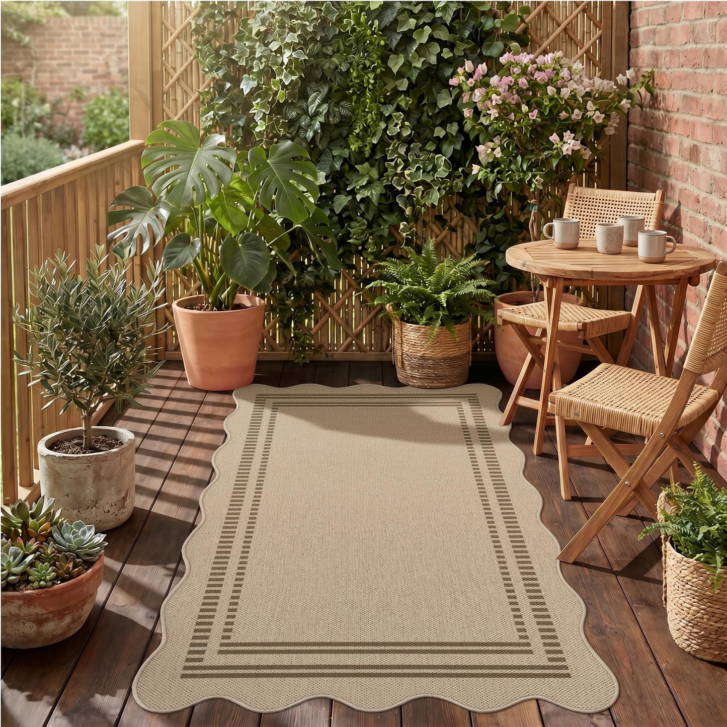 Tribesigns Scalloped Easy Jute 3x5 Indoor Outdoor Patio Rug, Tan/Striped Washable Non-Slip Kitchen Area Rugs for Entryway Door, Farmhouse Modern Carpet for Living Bedroom Office