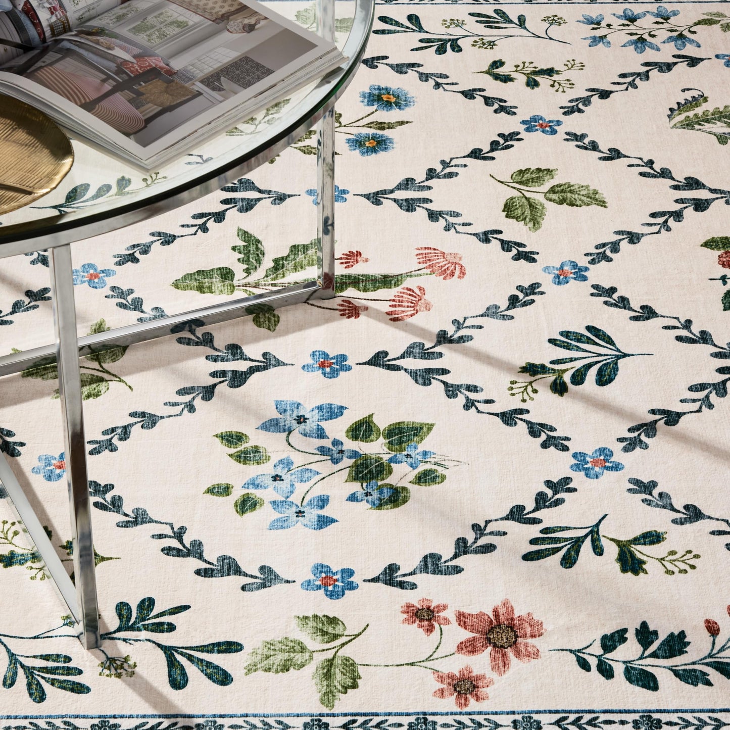 EVERWASH Haven Floral Trellis Machine Washable Area Rug with Airflo Technology for Easy Clean, Ultra-Soft Pile, Built-in Rug Pad with Non-Slip Backing, Pet, Family & Allergy Friendly, Ivory, 6'x9'