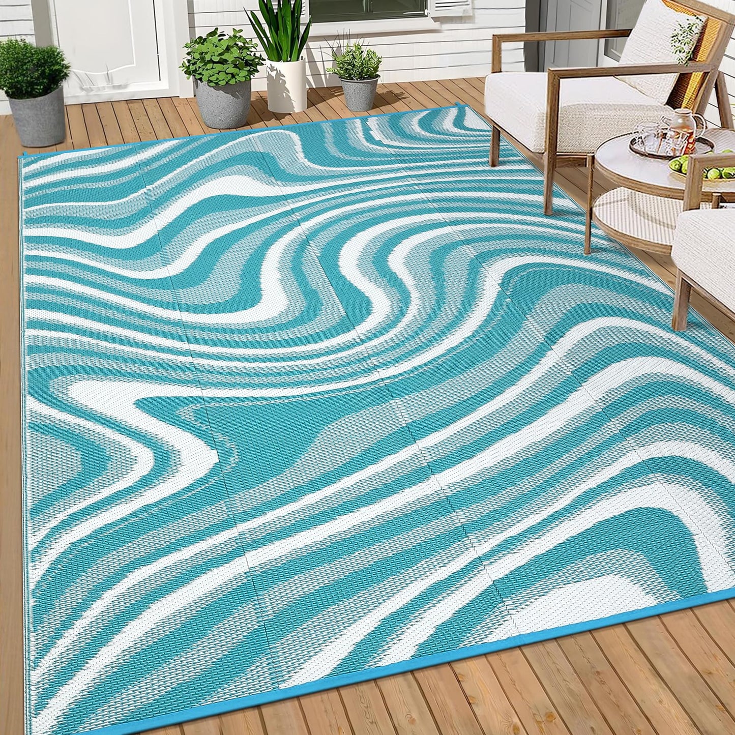 Garvee Large Modern Outdoor Rug 9x12 Patio Rugs Outdoor Waterproof Reversible Plastic Straw Camping Rug, Abstract Outside Rugs for Picnic Backyard Deck Balcony Porch Beach Trailer, Light Blue