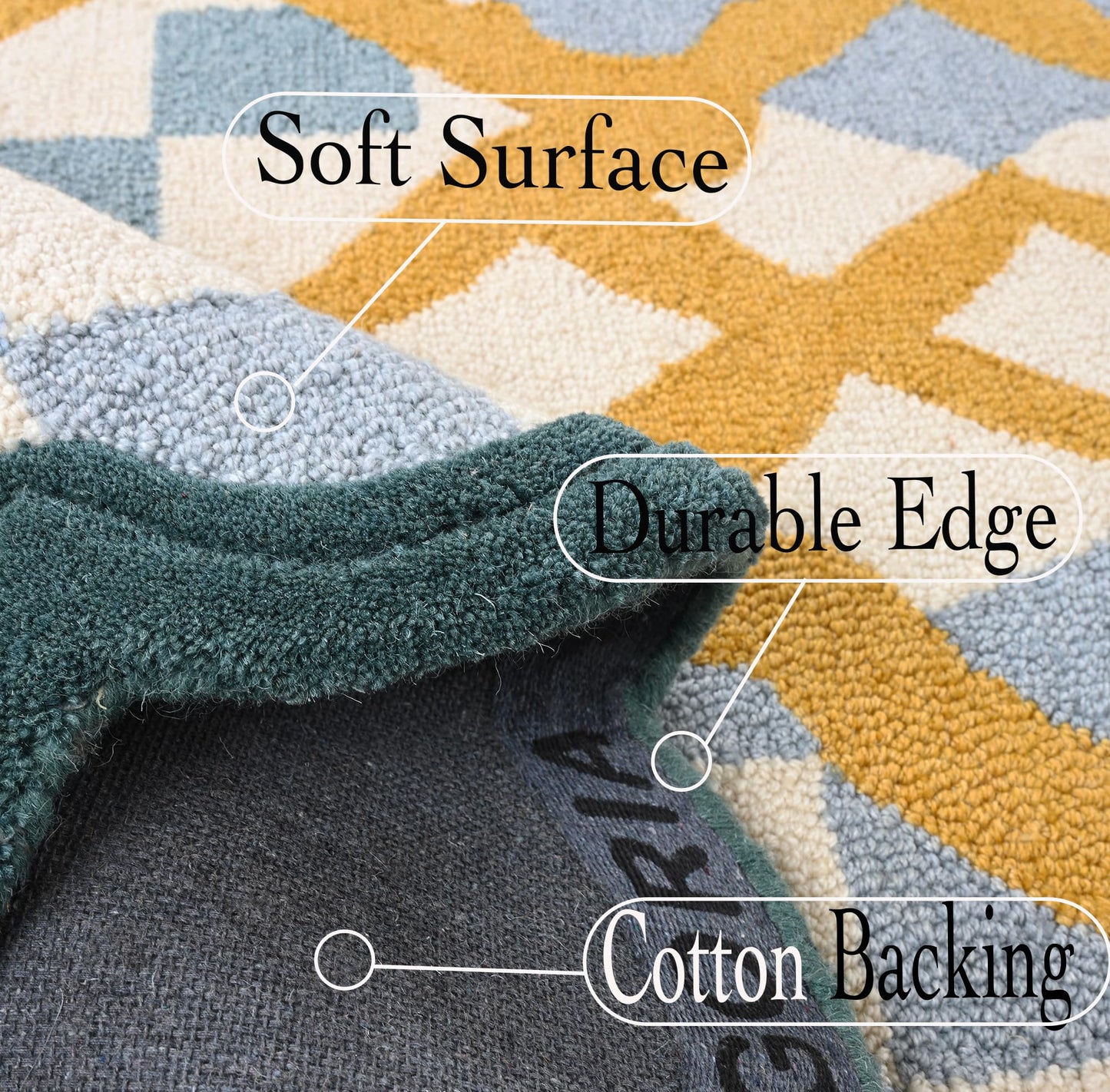 Hand-Tufted Wool Rug with Scalloped Edges | Checkered Light Blue Plaid Pattern Yellow Motif | Cozy Soft Area Rugs Carpet for Living Room, Bedroom, Nursery (Light Blue, Mustard Yellow, 6' x 9')