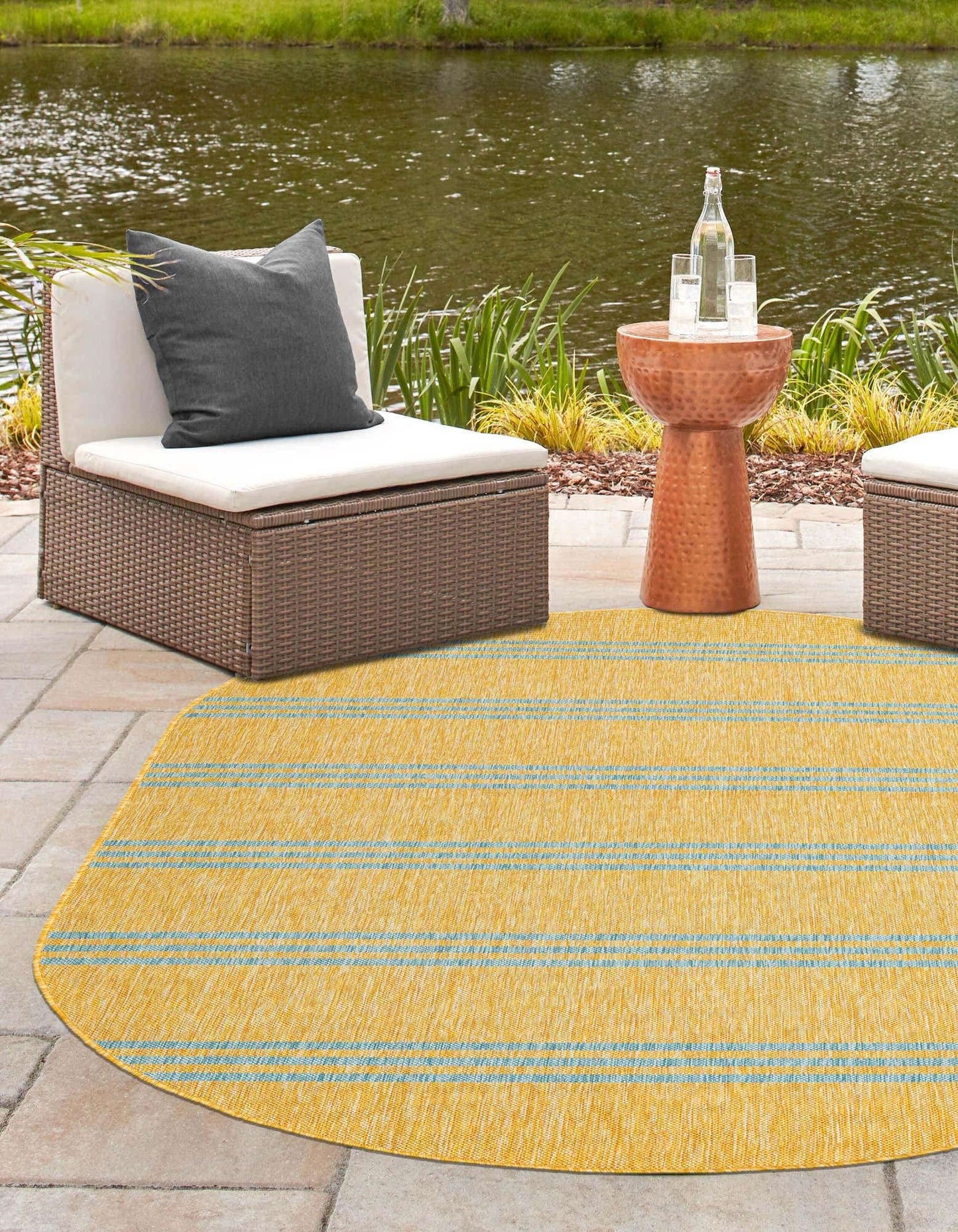 Unique Loom Outdoor Collection Area Rug - Anguilla (5' 3" x 8' Oval, Yellow and Aqua/Light Blue)