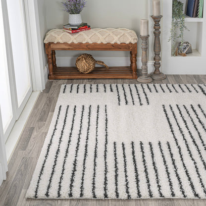 JONATHAN Y Petra Abstract Stripe Shag White/Gray Indoor Area Rug, 8x10, Geometric, Bohemian, Contemporary, Easy-Cleaning for Living Room, Bedroom, Kitchen, Pet Friendly, Non-Shedding (MOH407A-8)