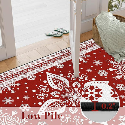 2' X 3' Christmas Area Rug Snowflake Rug Washable Non Slip for Entryway Indoor Front Door Laundry Dorm Bathroom Red Merry Christmas Carpet for Kids Girls Doormat