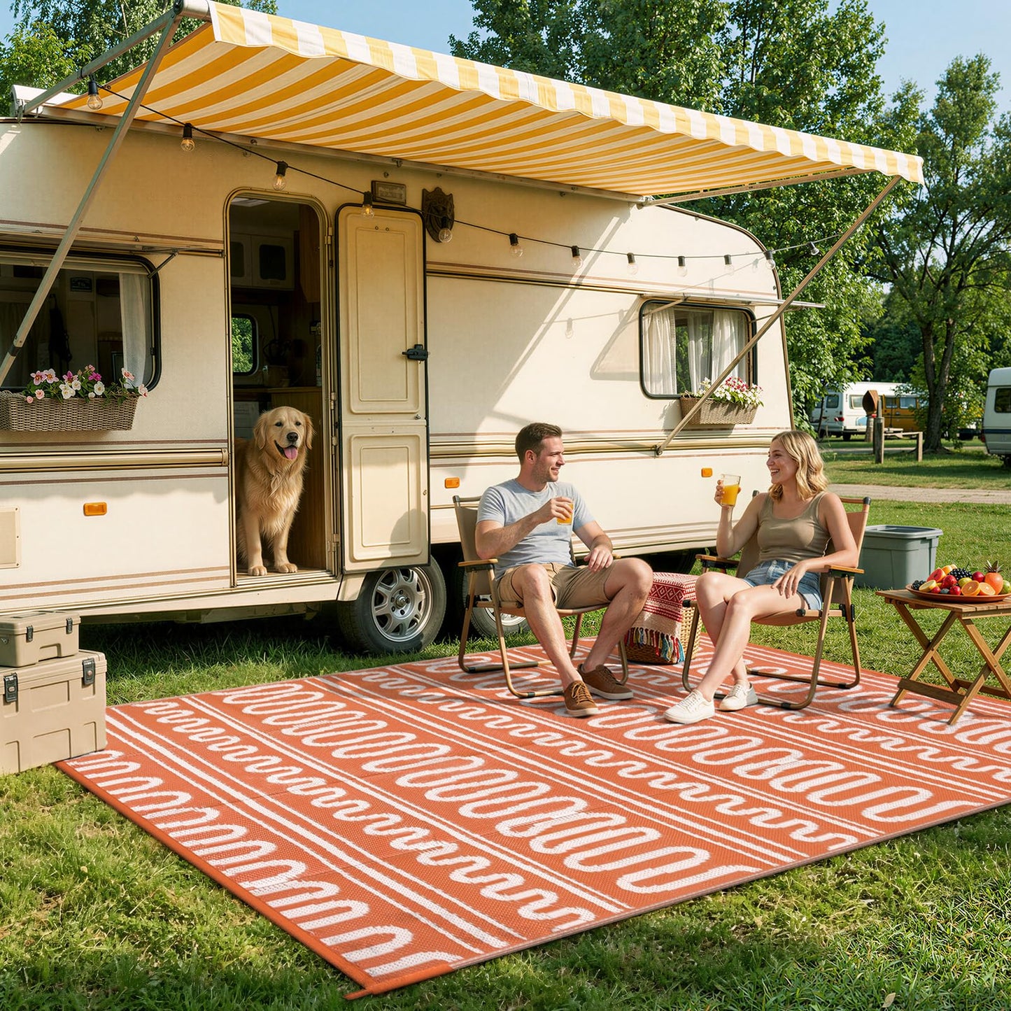 Beeiva Boho Outdoor Rug 8x10 Waterproof for Patio, Reversible Plastic Straw Rug for RV Camping, Deck, Balcony, Backyard, Orange