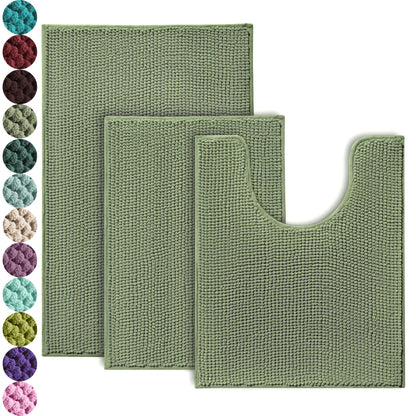 Urvoix Bathroom Rugs Sets 3 Piece, Non-Slip Chenille Bath Rug - Ultra Soft, Washable, Super Absorbent Bath Mat for Bathroom, Toilet and Tub (Sage Green)