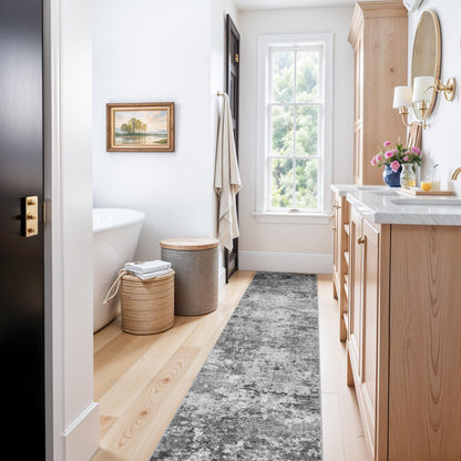 Washable Kitchen 2x10 Runner Rug: Non-Slip Low Pile Hallway Runner Modern Abstract 10ft Long Rugs for Entryway Living Room Soft Thin Stain Resistant Carpet for Bedroom Bathroom(Black/Grey/White, 2X10)