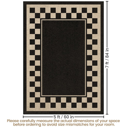 JROSING Washable Checkered Easy Jute Rug 5x7, Black Checkerboard Geometric Modern Outdoor Indoor Patio Large Bordered Rug, Woven Thin Carpet for Living Dining Play Room Bedroom Classroom Kids Nursery