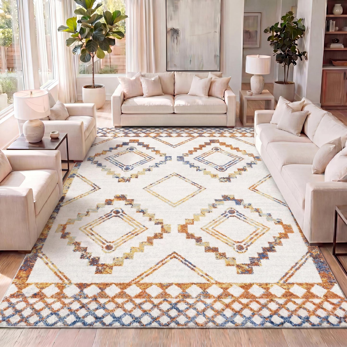 JONATHAN Y Amir Moroccan Beni Souk Ivory/Blue/Orange Indoor Area Rug, 3x5, Bohemian, Scandinavian, Easy-Cleaning for Living Room, Bedroom, Kitchen, Pet Friendly, Non-Shedding (MOH200E-3)