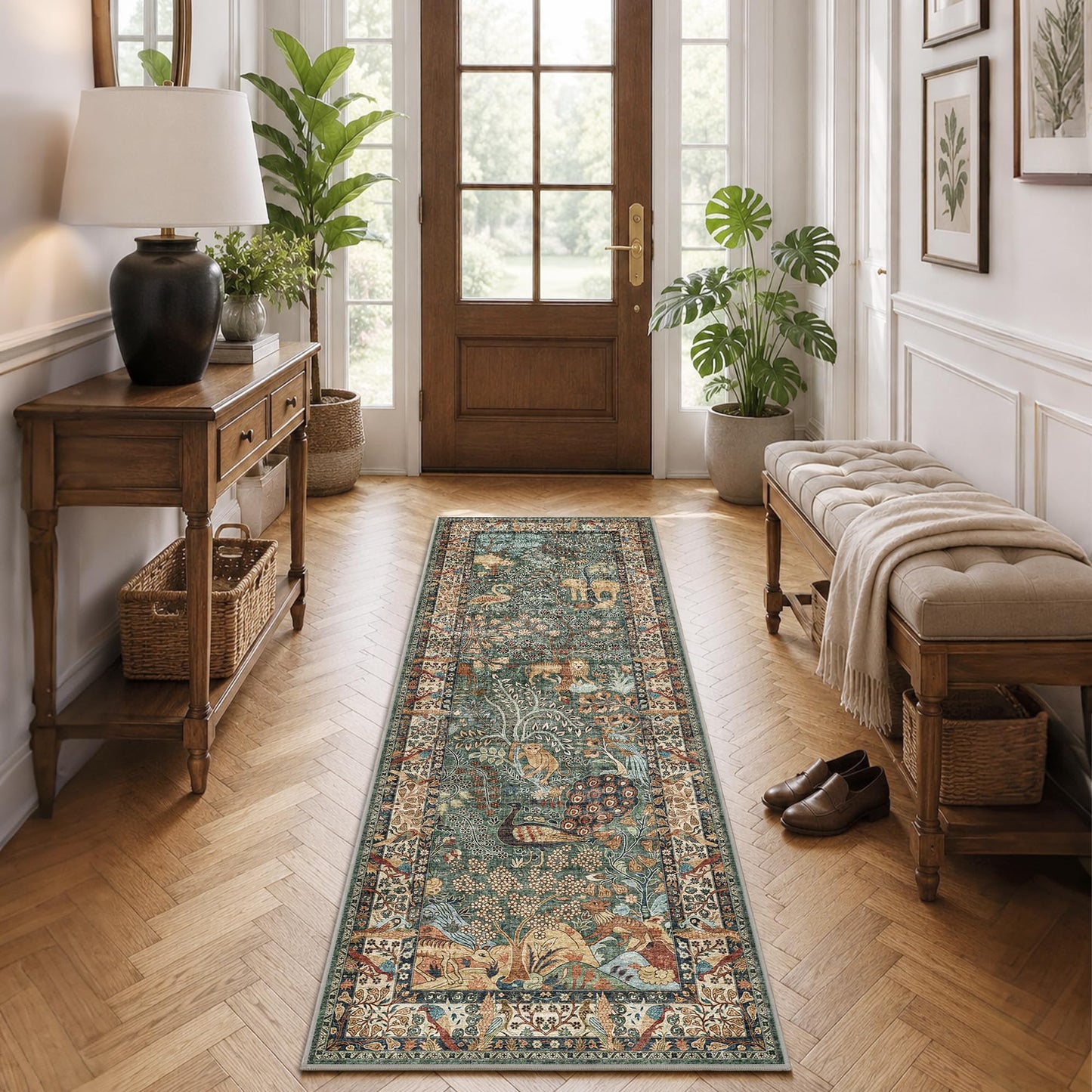Runner Rug 2x6 Animal Botanical Trees Print Rug Vintage Kitchen Rugs Low Pile Non Slip Stain Resistant Hallway Runners Whimsical Long Carpets for Living Room Bedroom, Laundry Dorm, Green
