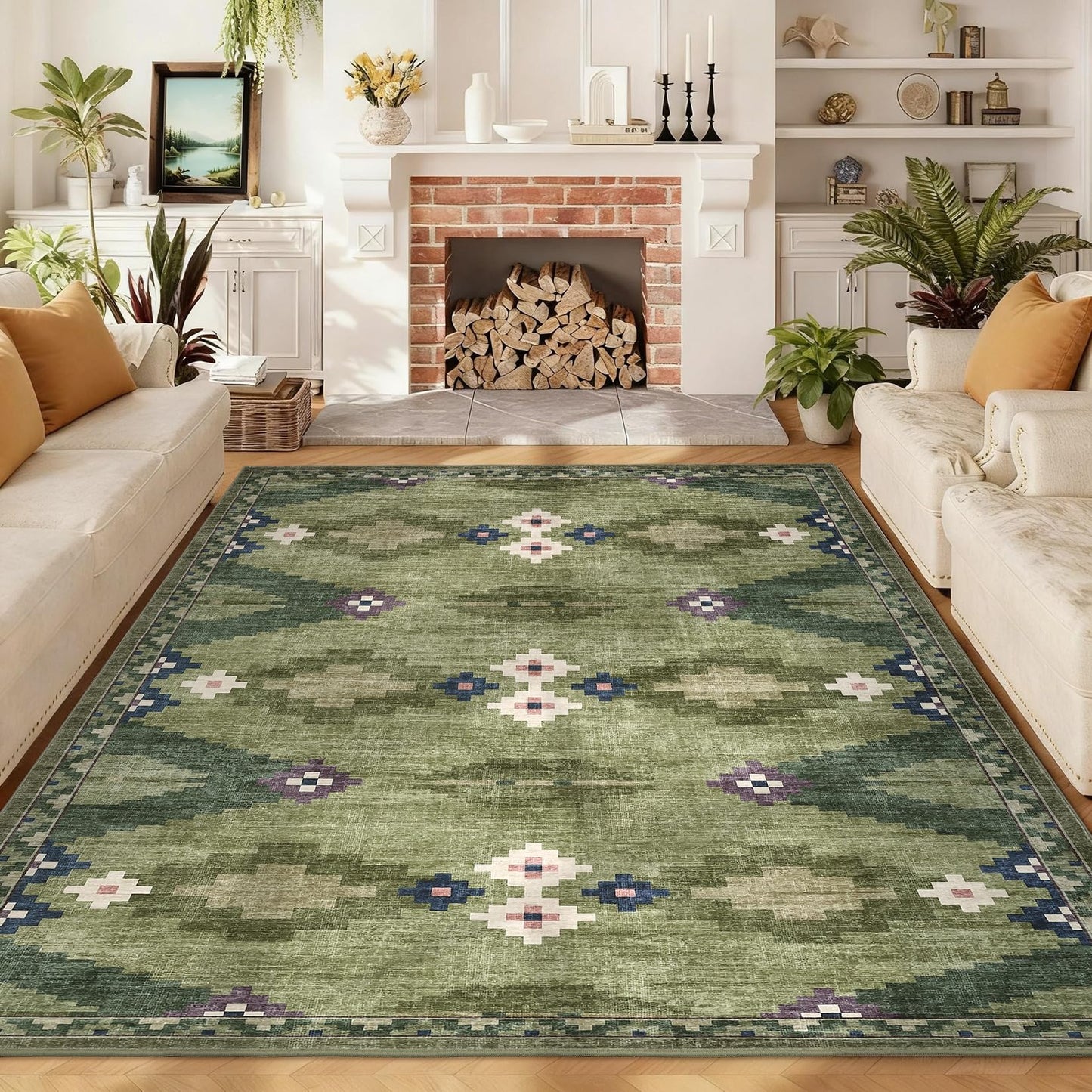 8x10 Washable Area Rug for Living Room Non Slip Modern Geometric Large Bedroom Rugs Stain Resistant Mid Century Dining Room Throw Carpet Soft Boho Tribe Area Rugs for Nursery Home Office, Green