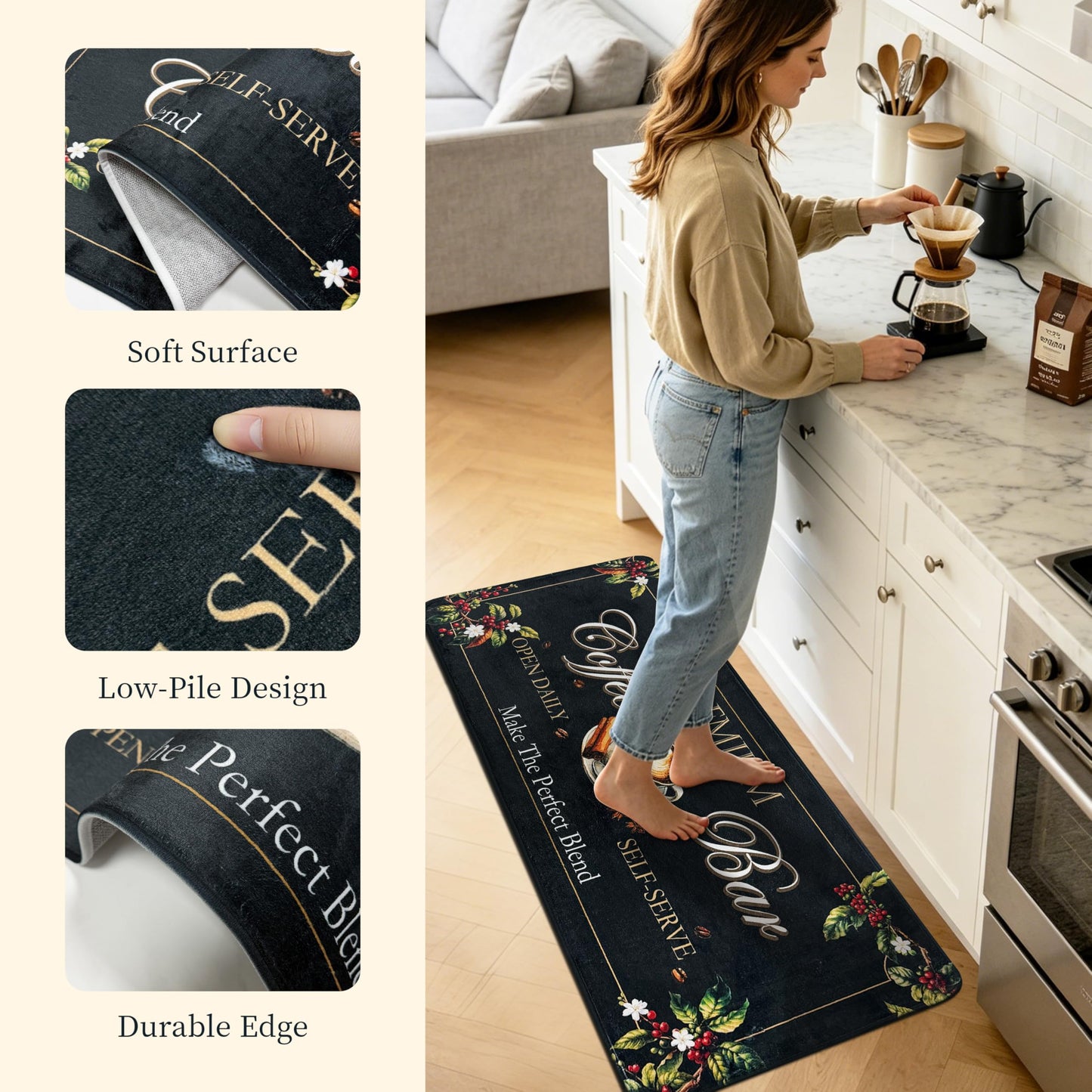 XSYarn Coffee Kitchen Rug, 20"x48" Coffee Bar Rug Low-Pile Kitchen Runner with Non-Slip TPR Backing Washable Floor Mat Home Decor Black