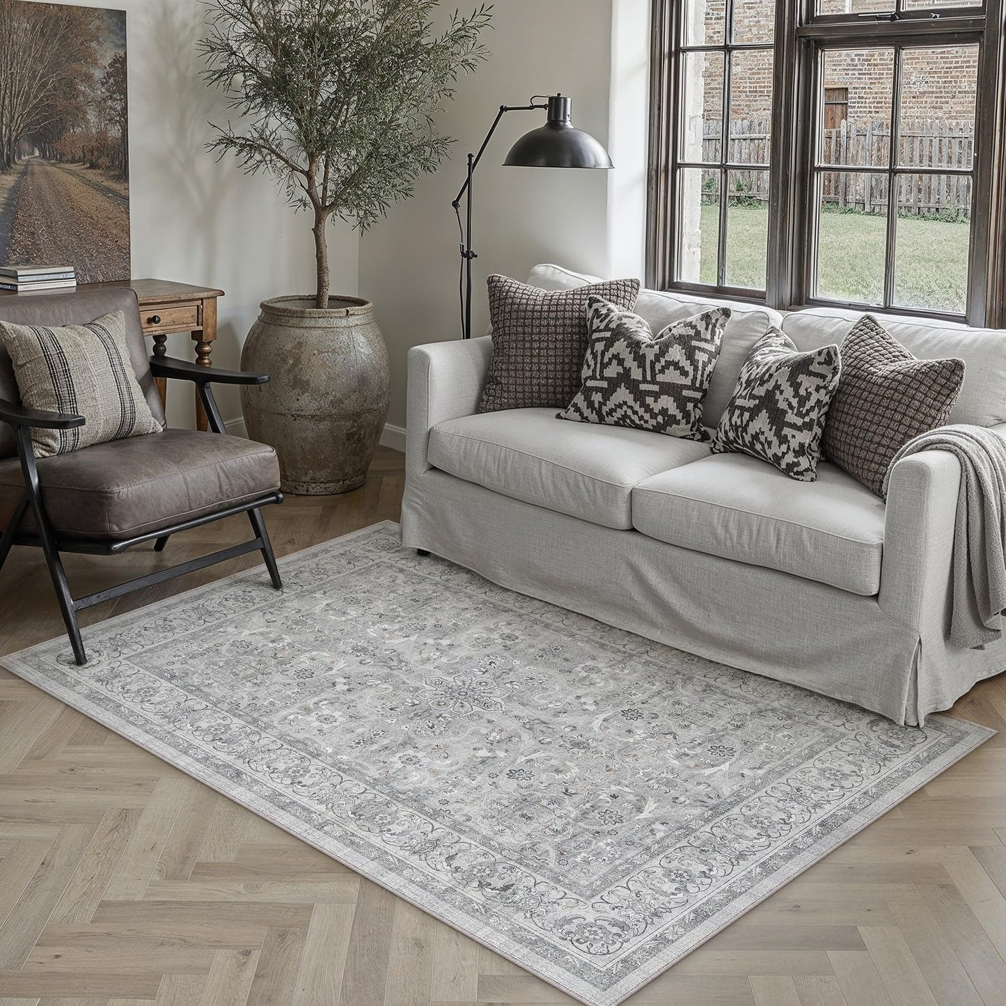 PureCozy Gray 3x5 Area Rug Entryway Washable Vintage Carpet Office Small Indoor Non Slip Soft Low Pile Thin Stain Resistant Distressed Accent Throw Rug for Entrance Bedroom Dining Living Room