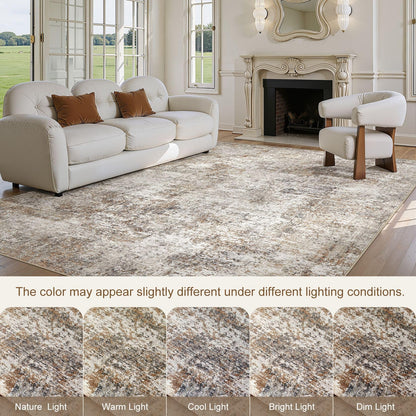 10x14 Area Rugs for Living Room: Washable Large Neutral Abstract Rug Soft Non Slip Stain Resistant Low Pile Indoor Carpet for Bedroom Dining Room Nursery Office Playroom - Brown Grey