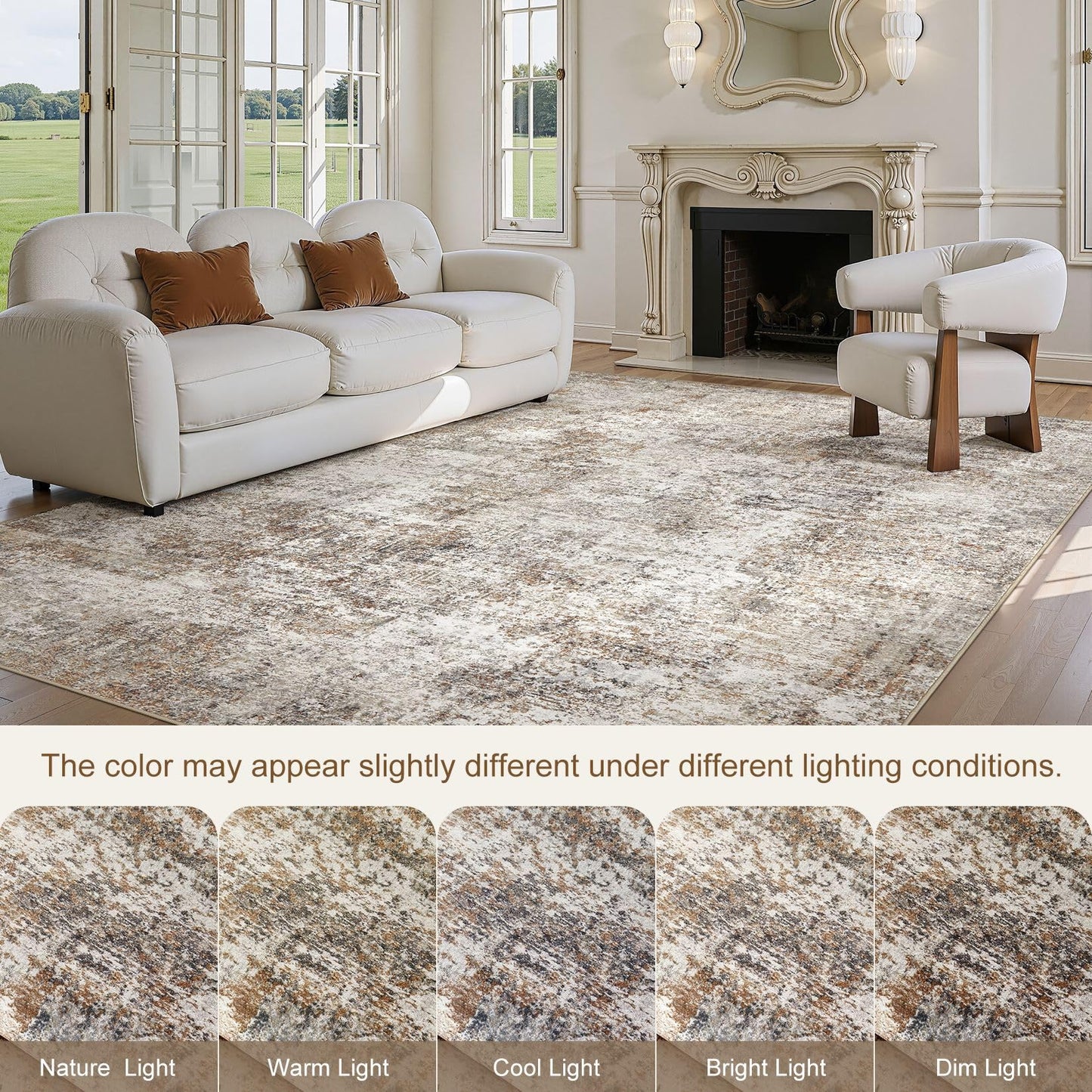 9x12 Area Rugs for Living Room: Washable Large Neutral Abstract Rug Soft Non Slip Stain Resistant Low Pile Indoor Carpet for Bedroom Dining Room Nursery Office Playroom - Brown Grey