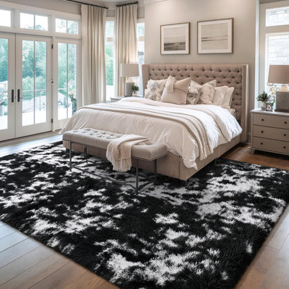 KIXINWA Rug for Bedroom, 4x6 Area Rug for Living Room, Fluffy Carpet for Kids Nursery Dorm Room, Soft Shag Non Slip Floor Rugs, Home Décor Carpet, Machine Washable, Tie-Dyed Black and White