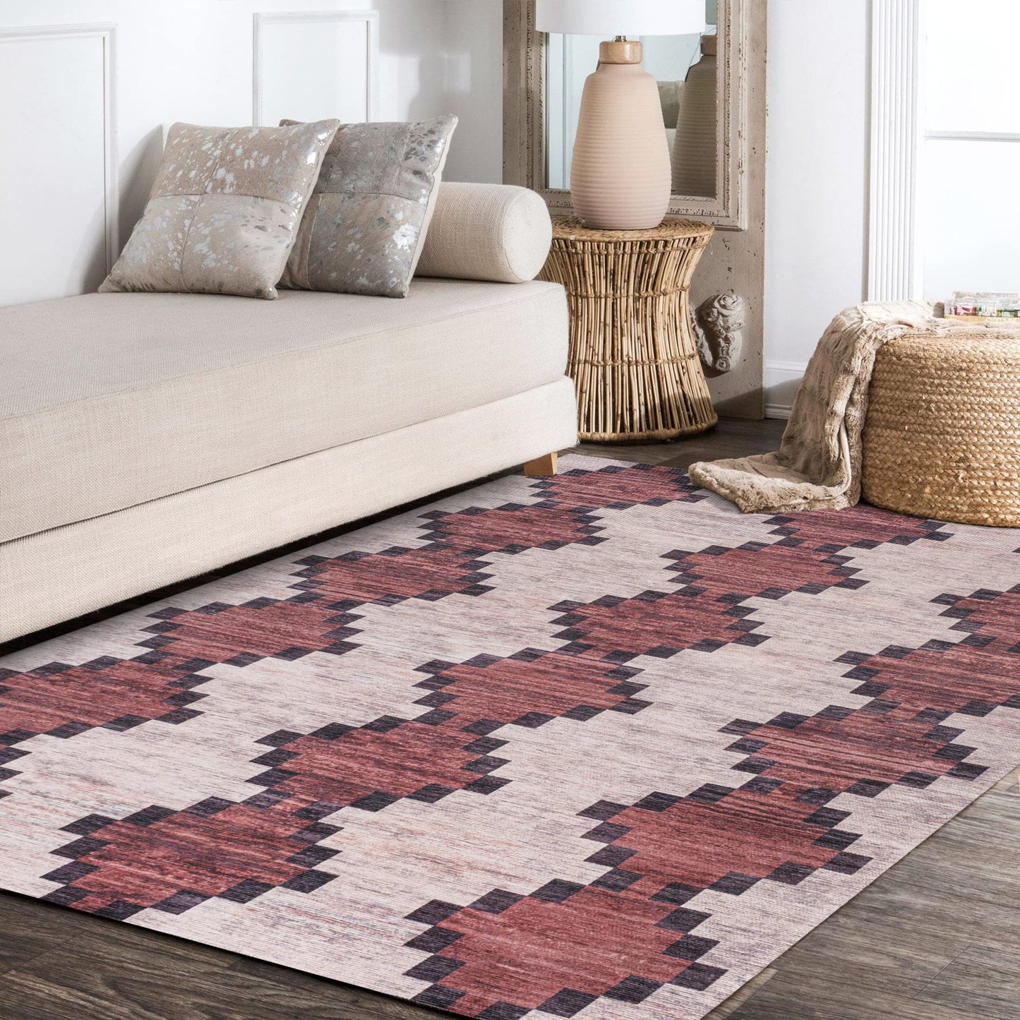 JONATHAN Y Machine Washable Red/Ivory Indoor Area Rug 8X10 ft, Timantii Modern Trellis Kilim for Living Room, Bedroom, Kitchen, Office, Easy-Cleaning, Pet-Friendly, Non-Shedding WSH123A-8