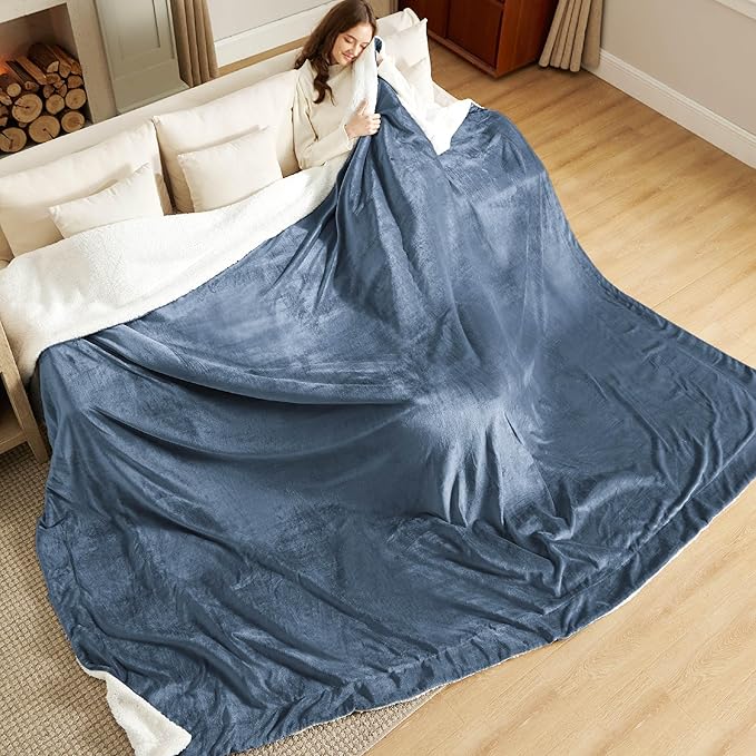 Bedsure GentleSoft Sherpa Fleece Oversized Cal King Blankets for Bed - Thick and Warm Throw for Men, Soft Fuzzy Plush Large Blanket for Winter, Slate Blue, 112x98 Inches