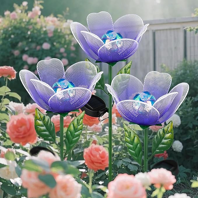 Flower Solar Lights for Outside,2 Pack Metal Flower Solar Lights for Outside,Tulip Solar Powered Garden Light Outdoor Decor,Housewarming Ornament for Patio, Lawn, Yard, Pathway (Breathing light)